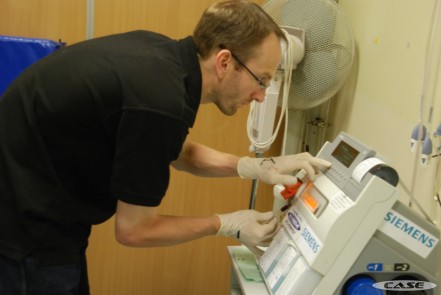 Dan Martin measures arterial blood gases using the Siemens machine